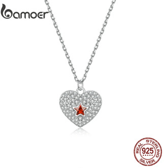 bamoer Genuine 925 Sterling Silver Full CZ Paved Red Star Heart Pendant Necklace for Women Silver 925 Jewelry BSN175