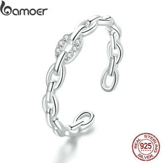 bamoer Genuine 925 Sterling Silver Geometric Chain Ring Finger Rings for Women Wedding Band Engagement Statement Jewelry BSR145