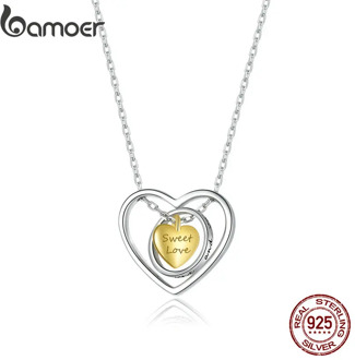 bamoer Genuine 925 Sterling Silver Geometric Heart Triple Pendant Necklace for Women Lover Couple Jewelry Gift 45cm BSN207