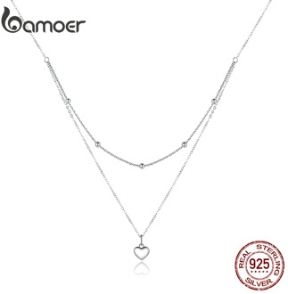 bamoer Genuine 925 Sterling Silver Heart Pendant Necklace for Women Silver Double Layers Female Necklaces Fine Jewelry BSN168