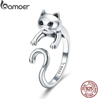 BAMOER Genuine 925 Sterling Silver Long Tail Naughty Cat Finger Rings for Women Adjustable Size Sterling Silver Jewelry SCR409