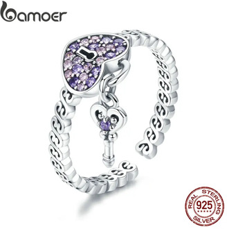 BAMOER Genuine 925 Sterling Silver Love Heart Key Purple CZ Finger Rings for Women Wedding Engagement Jewelry Anel SCR486
