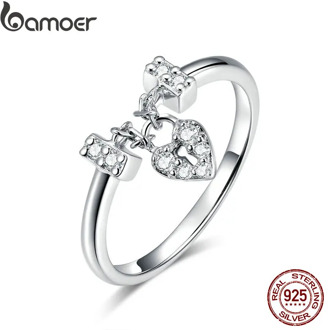 BAMOER Genuine 925 Sterling Silver Love Heart Lock Luminous CZ Wedding Rings for Women Sterling Silver Jewelry SCR466