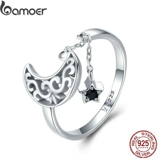 BAMOER Genuine 925 Sterling Silver Moon And Star Long Chain Star Adjustable Finger Ring for Women Sterling Silver Jewelry SCR479
