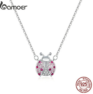 bamoer Genuine 925 Sterling Silver Pink CZ Ladybug Insect Chain Pendant Necklace for Women 45cm Kid Gifts Fine Jewelry SCN400