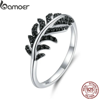 bamoer Genuine 925 Sterling Silver Retro Feather Finger Rings for Women Wedding Band Engagement Statement Jewelry Anel BSR131