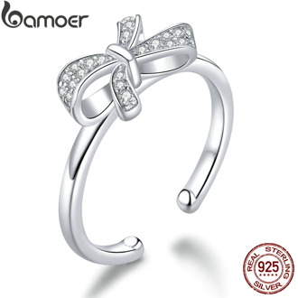 bamoer Genuine 925 Sterling Silver Rowknot Free Size Open Adjustable Finger Rings for Women Statement Wedding Jewelry SCR646