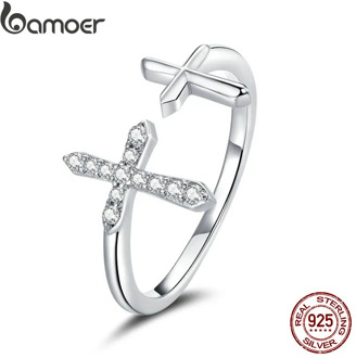 bamoer Genuine 925 Sterling Silver Shine Cross Finger Rings for Women Band Engagement Statement Wedding Jewelry Anel SCR680