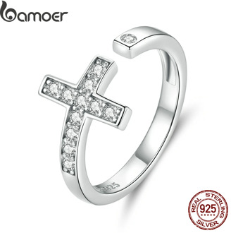 bamoer Genuine 925 Sterling Silver Shine Cross Finger Rings for Women Wedding Band Engagement Statement Jewelry Anel BSR139