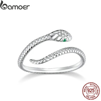 bamoer Genuine 925 Sterling Silver Snake Size Open Adjustable Finger Rings for Women Statement Wedding Jewelry SCR666