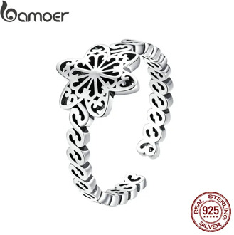 BAMOER Genuine 925 Sterling Silver Snowflakes Flower Open Size Adjustable Finger Ring Women Silver Jewelry Gift SCR482