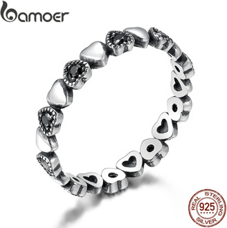 BAMOER Genuine 925 Sterling Silver Stackable Ring Heart Black CZ Finger Rings for Women Wedding Anniversary Jewelry Anel SCR140
