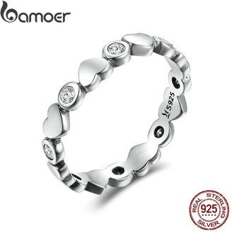 BAMOER Genuine 925 Sterling Silver Stackable Ring Love Heart Forever Finger Rings for Women Wedding Engagement Jewelry SCR164