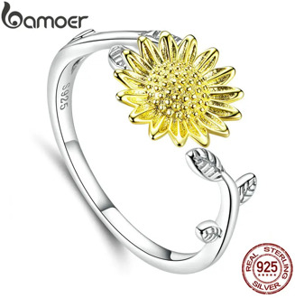 bamoer Genuine 925 Sterling Silver Sunflower Finger Rings for Women Wedding Band Engagement Statement Jewelry Anel SCR596