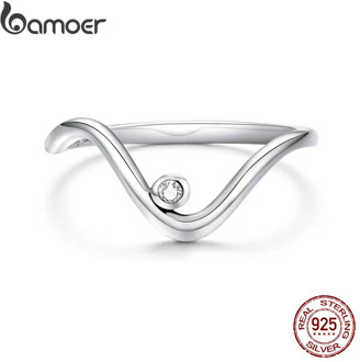 bamoer Genuine 925 Sterling Silver Wave Finger Rings for Women Minimalist Korean Style Fine Jewelry Bague SCR650