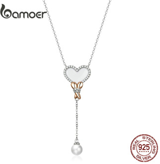 bamoer Genuine 925 Sterling Silver White Shell Heart Balloon Necklace for Women Chain Necklaces Pearl Jewelry Collar BSN154