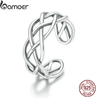 bamoer Genuine 925 Sterling Silver Woven Texture Ring Open Adjustable Finger Rings for Women Statement Wedding Jewelry SCR675