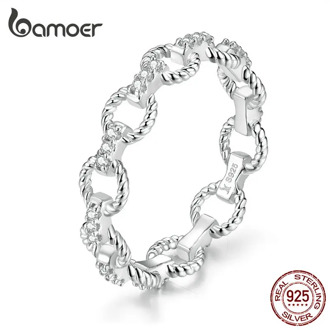 bamoer Geometric Simple Chain Pettern Finger Rings for Women Openwork Stackable Rings 925 Sterling Silver Fashion Jewelry SCR576