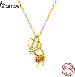 bamoer Gold Color 925 Sterling Silver Lucky Mouse Pendant Necklace for Women Fashion Korean Style Jewelry Collar BSN164