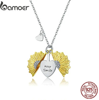 bamoer Gold Color Sunflower Locket Box Pendant Necklace for Women 925 Sterling Silver Daisy Flower Series Jewelry BSN183