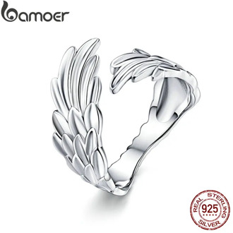 BAMOER Guardian Wings Ring Authentic 925 Sterling Silver Free Size Adjustable Finger Rings for Women Fashion Jewelry SCR512