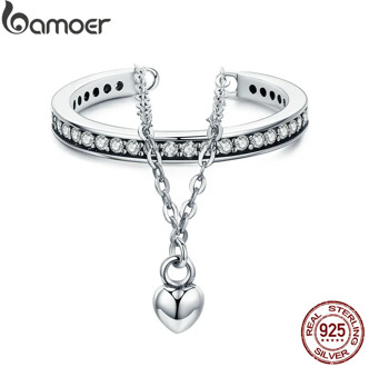 BAMOER High Quality 100% 925 Sterling Silver Stackable Clear CZ Heart Chain Double Layer Ring for Women Wedding Jewelry SCR291