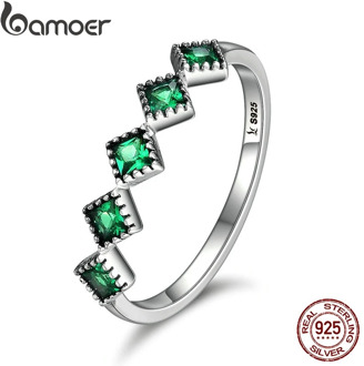 BAMOER High Quality 925 Sterling Silver Stackable Square Green CZ Finger Rings for Women Wedding Engagement Jewelry Gift SCR097
