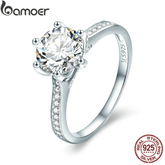 BAMOER High Quality 925 Sterling Silver Wedding Ring Princess Square CZ Finger Rings for Women Silver Engagement Jewelry SCR342