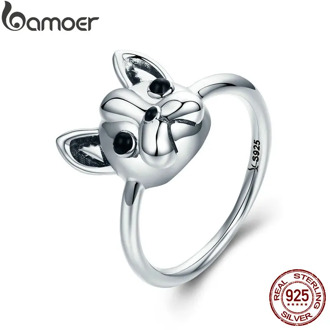 BAMOER Hot Sale 100% 925 Sterling Silver Loyal Partners French Bulldog Dog Animal Female Ring for Women Fashion Jewelry SCR261