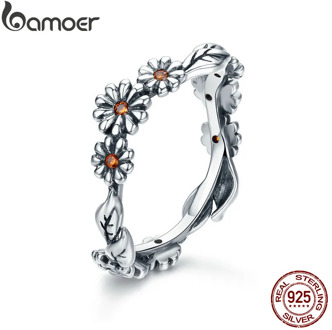 BAMOER Hot Sale 100% 925 Sterling Silver Twisted Daisy Flower Female Finger Rings for Women Wedding Silver Jewelry Anel SCR298