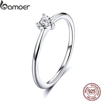BAMOER HOT SALE 925 Sterling Silver Heart Clear CZ Simple Finger Rings for Women Engagement Wedding Statement Jewelry SCR498