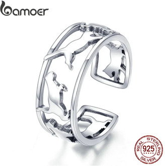 BAMOER Hot Sale 925 Sterling Silver Playing Cat Pussy Cocktail Finger Rings for Women Happy Cat Animal Ring Jewelry Gift SCR473
