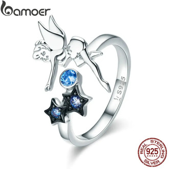 BAMOER Hot Sale Authentic 925 Sterling Silver Fairy with Star Luminous CZ Finger Ring for Women Sterling Silver Jewelry SCR349