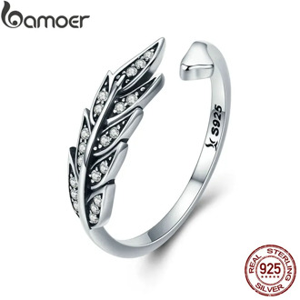 BAMOER Hot Sale Authentic 925 Sterling Silver Feather Wings Adjustable Finger Ring for Women Sterling Silver Jewelry Gift SCR313
