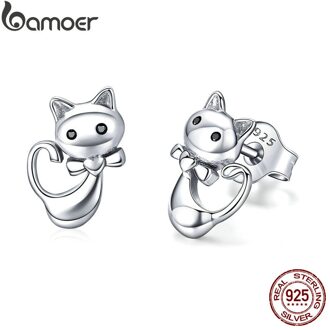 Bamoer Kat Collection 925 Sterling Zilver Kleverig Kat Dier Kleine Stud Oorbellen Voor Vrouwen Sterling Zilveren Sieraden SCE450