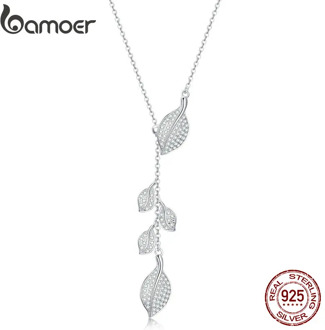 bamoer Leaf Necklace Authentic 925 Sterling Silver Clear CZ Y-shape Link Necklaces for Women Wedding Statement Jewelry BSN075