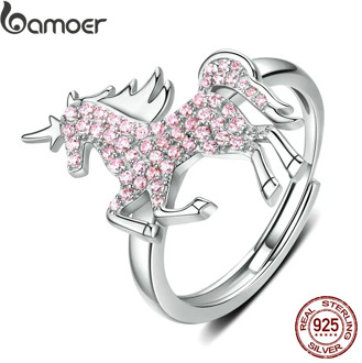 bamoer Licorne Moon Horse Free Size Rings for Women 925 Sterling Silver Femme Pegasus Design Wedding Engagement Jewelry SCR557