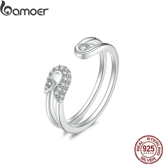 bamoer Lover's Pin Open Ring Sterling Silver 925 Funny Clip Adjustable Finger Rings Fashion Jewelry Gifts for Women BSR046