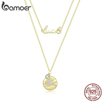 bamoer Luck Piggy Animal Double Layers Chain Necklace for Women 925 Sterling Silver Pig Korean Gold Color Fashion Jewelry BSN090