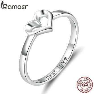 bamoer Minimalist Simple Heart Finger Ring Best Love Engraved Promise Engagement Rings for Women 925 Silver Jewelry SCR578