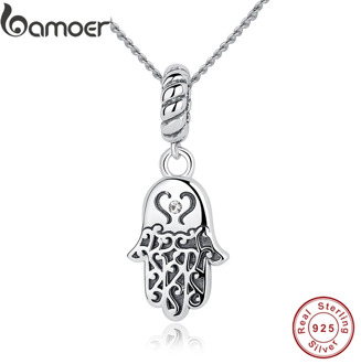 BAMOER New 925 Sterling Silver Lucky Hamsa Pendant Necklace Women Fine Jewelry Birthday Gift CC031