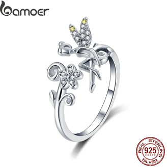 BAMOER New Arrival 925 Sterling Silver Fairy & Daisy Flower Open Size Finger Rings Women Wedding Engagement Jewelry BSR025
