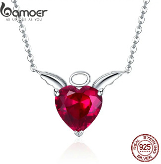 BAMOER New Collection 100% 925 Sterling Silver Angel Wings Red CZ Necklaces Pendant For Women Sterling Silver Jewelry SCN285