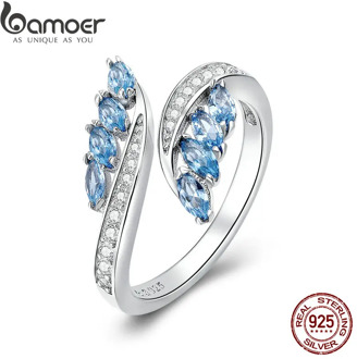 BAMOER New Collection 925 Sterling Silver Butterfly Shape Light Blue CZ Finger Rings for Women Wedding Engagement Jewelry BSR005