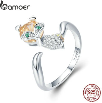 BAMOER New Collection 925 Sterling Silver Little Fox Finger Ring Animal Crystal CZ Rings for Women Wedding Jewelry SCR477