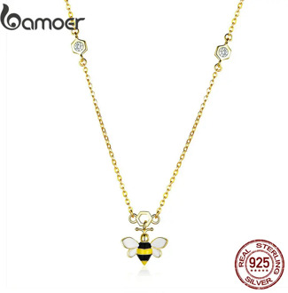 BAMOER New Design Fashion Baby Bee Enamel Pendant Necklaces for Women 925 Sterling Silver Chain Necklace Gifts for Girl BSN050