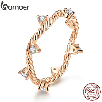 bamoer Original Design Clear CZ Crystal 925 Sterling Silver Finger Rings for Women Rose Gold Color Fashion Jewelry SCR577