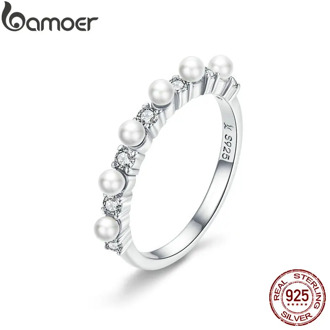 BAMOER Pearl Stackable Ring for Women White Shell Pearl Finger Rings Sterling Silver 925 Elegant Wedding Jewelry BSR039
