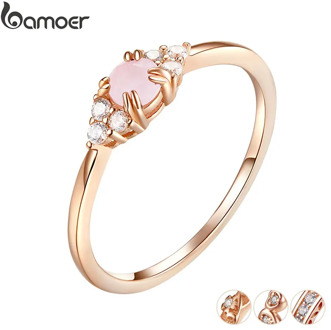 bamoer Pink Crystal Finger Rings for Women Rose Gold Color Authentic 925 Stelring Silver Band Ring Luxury Fine Jewelry SCR534