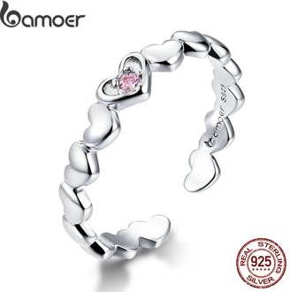 bamoer Pink CZ Heart Stackable Finger Rings for Women Free Size Adjustable Bands 925 Sterling Silver Jewelry Accessories BSR100